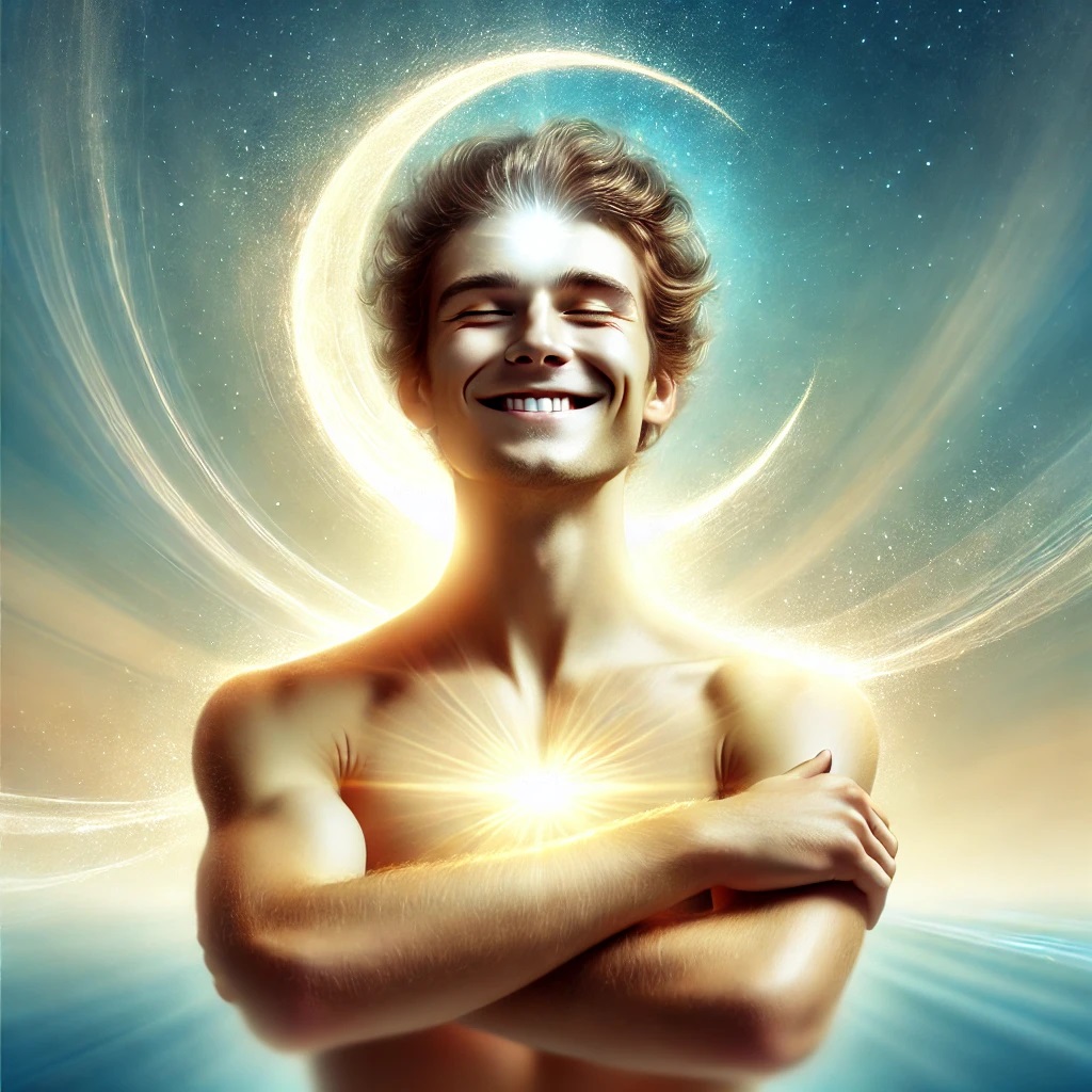 Künstlerisches Bild eines lächelnden jungen Mannes mit Licht im Herzen.