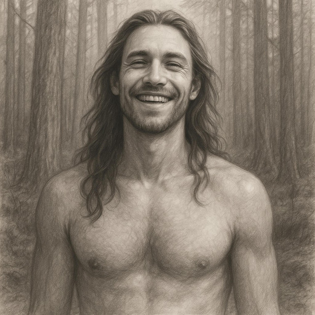 Cover der Single Befreiung führt zu Liebe führt zu Glück: ein lächelnder Mann als Zeichnung vor einem Wald.
